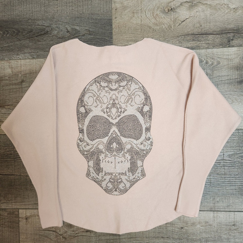 Vila Milano Skull Sweater Women Small Pink Rhinestone Dolman Wool Blend